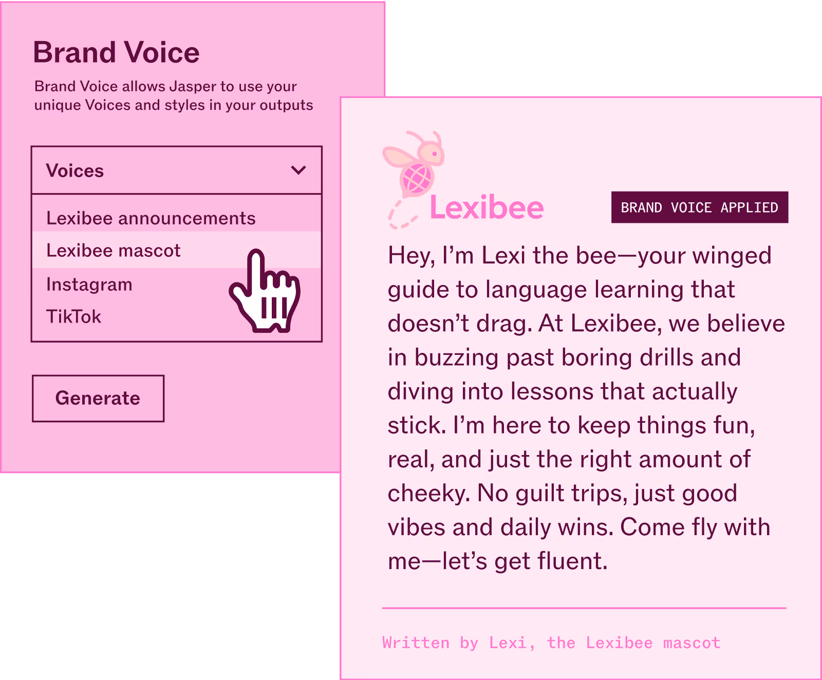 User interface showing the Brand Voice section with a dropdown menu listing voice options like Lexibee mascot, Instagram, and TikTok, with a hand cursor selecting Lexibee mascot. Next to it is a message from Lexibee, a bee mascot, introducing itself as a fun and cheeky language learning guide.
